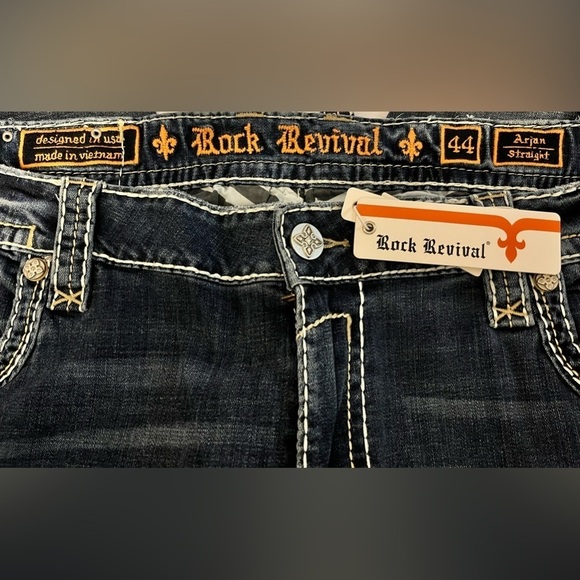 NWT- Rock Revival Jeans Arjan Straight Tiger Stitch Faux Distressed 44W X 32L - Picture 7 of 15